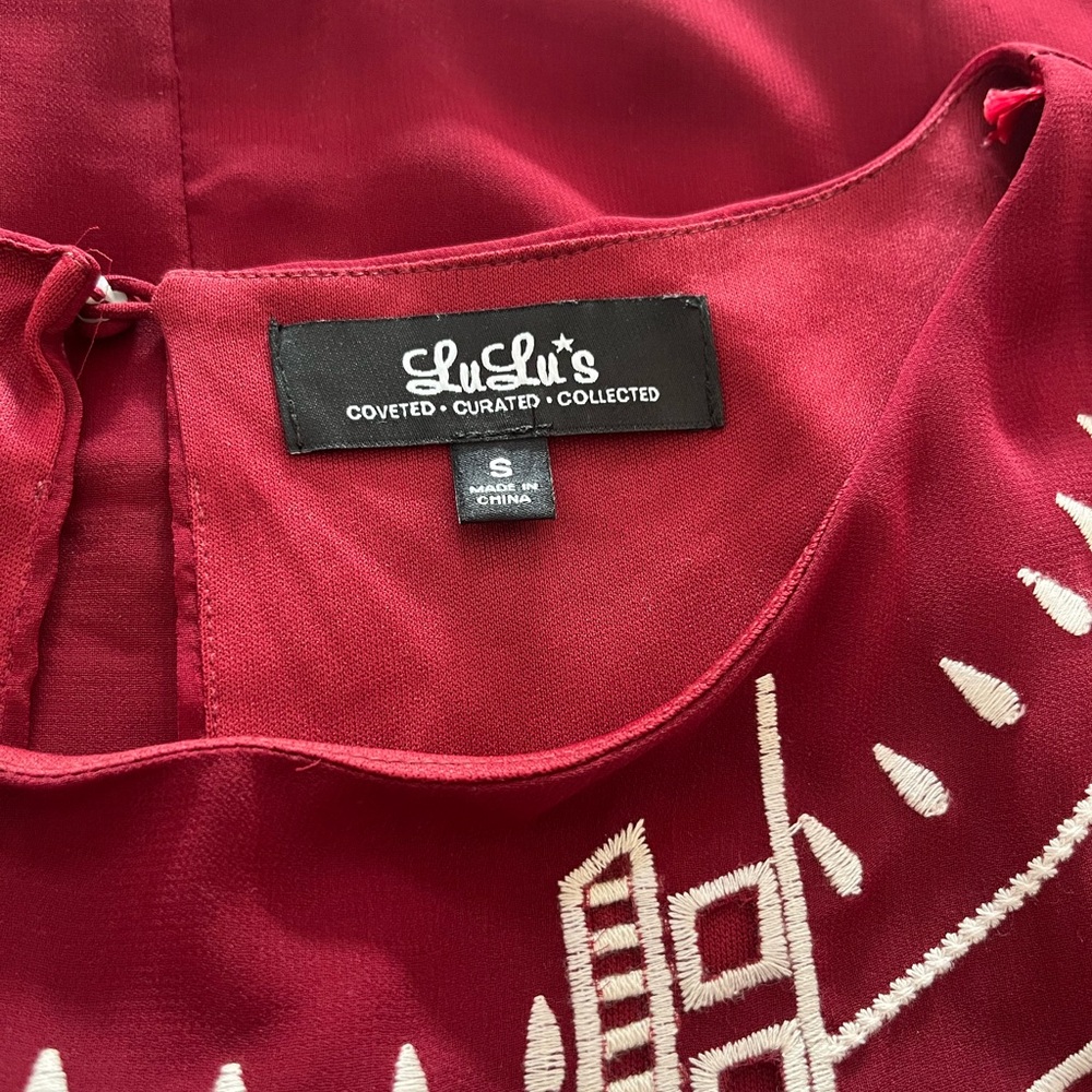 Lulus Well Traveled Wine Red Embroidered Shift Dress - Picture 5 of 8
